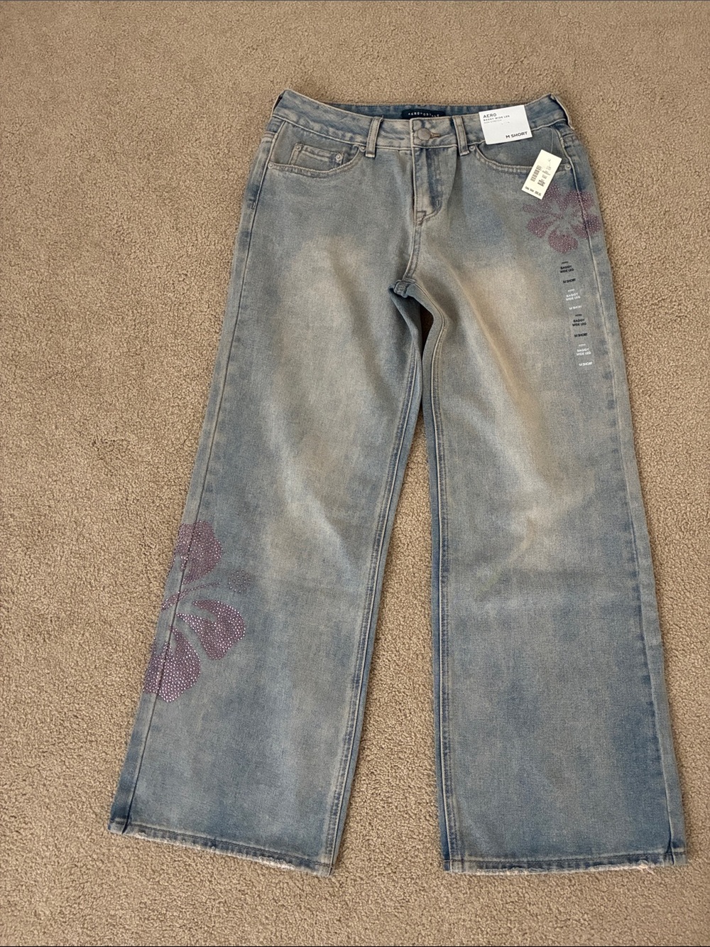 Aeropostale Light Blue Wide-Leg Jeans with Purple Floral Prints